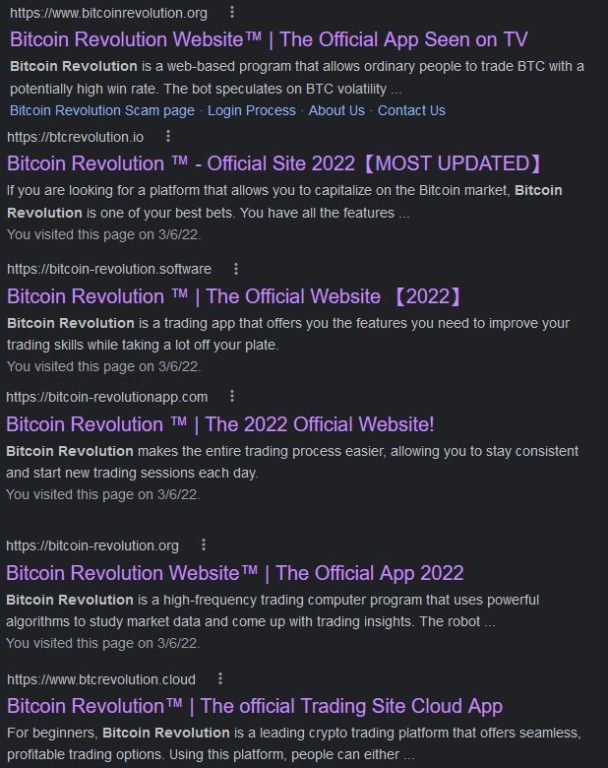 Nettstedene til Bitcoin Revolution