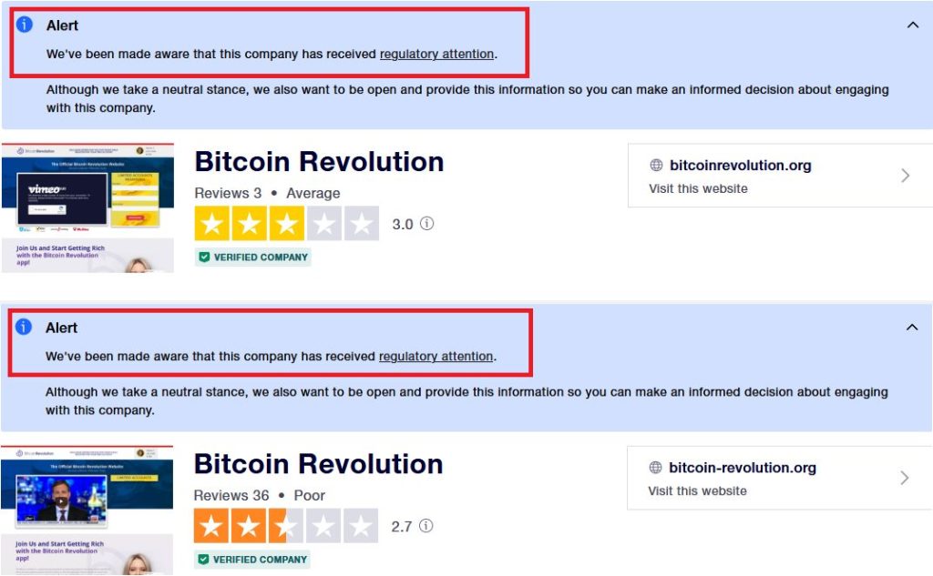 advarsel om regulatorisk oppmerksomhet fra Bitcoin Revolution
